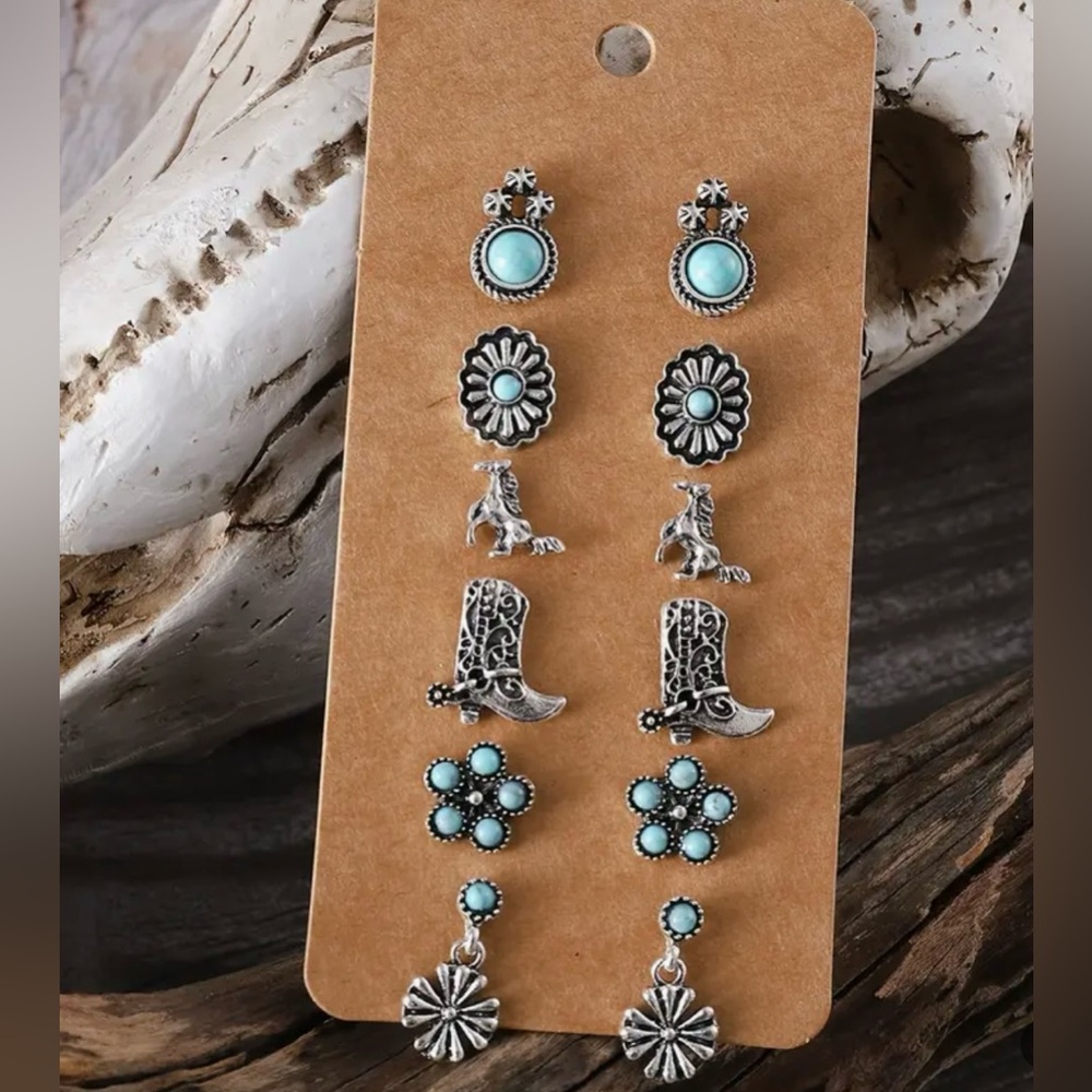 NEW Earrings, Vintage Silvery Look, Western, Faux Turquoise, 6 Sets of Earrings